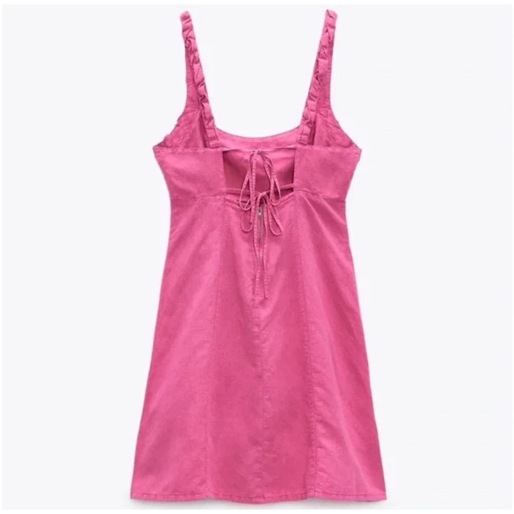 Avantlook Hot‎ Pink Square Neck Ruffle Strap Mini Dress Tie Back - Picture 3 of 10